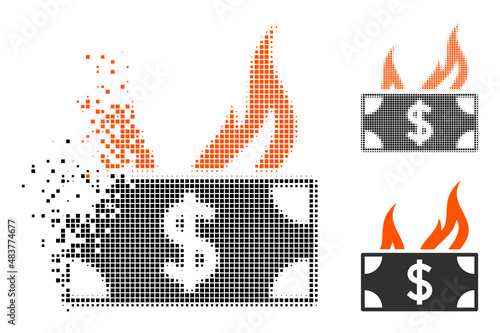 Dispersed dot burn dollar bill vector icon with destruction effect, and original vector image. Pixel explosion effect for burn dollar bill shows speed and motion of cyberspace matter.