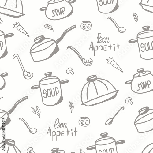 Doodle kitchen seamless patter for wrapping paper, textile, print. Bon Appetit 