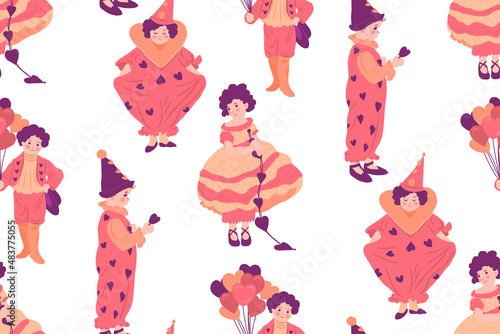 Seamless pattern with children in carnival costumes. Vintage pattern.Little cute clowns. St. Valentine. 