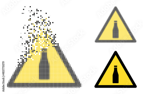 Dispersed pixelated beer bottle warning vector icon with wind effect, and original vector image. Pixel disappearing effect for beer bottle warning demonstrates speed and motion of cyberspace items.