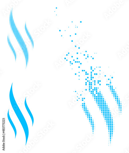 Fractured dotted aroma vector icon with destruction effect, and original vector image. Pixel destruction effect for aroma demonstrates speed and motion of cyberspace abstractions.