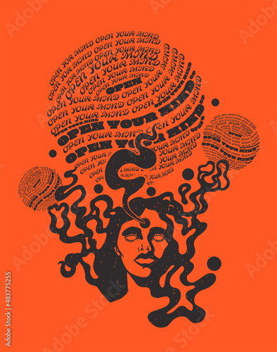 psychedelic illustration with a girl, open your mind, hippie art