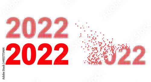 Dispersed pixelated 2022 year digits vector icon with wind effect, and original vector image. Pixel dissolving effect for 2022 year digits demonstrates speed and movement of cyberspace concepts.