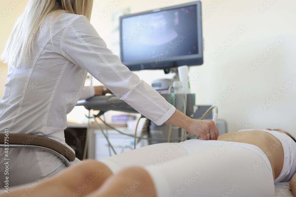 Fototapeta premium Woman doctor makes an ultrasound abdomen to the patient