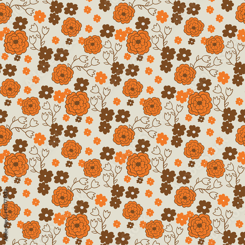 seamless pattern with bright flowers in the style of the 70s