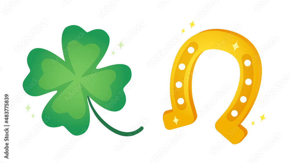 Vector set icons of lucky clover and horseshoe or Patrick's day. - obrazy, fototapety, plakaty 