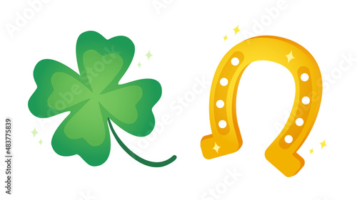 Fotografie, Obraz Vector set icons of lucky clover and horseshoe or Patrick's day.