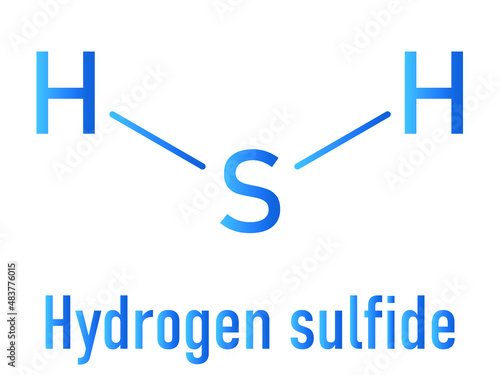 Hydrogen sulfide H2S molecule. Toxic gas with characteristic odor of rotten eggs. Skeletal formula.