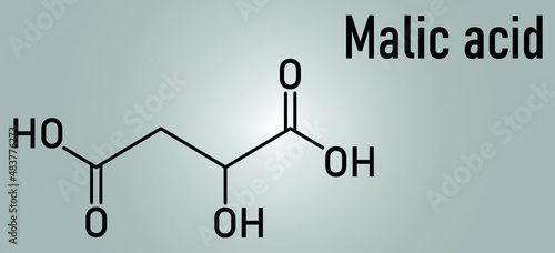 Malic acid fruit acid molecule. Present in apples, grapes, rhubarb, etc and contributes to the sour taste of these. Skeletal formula.