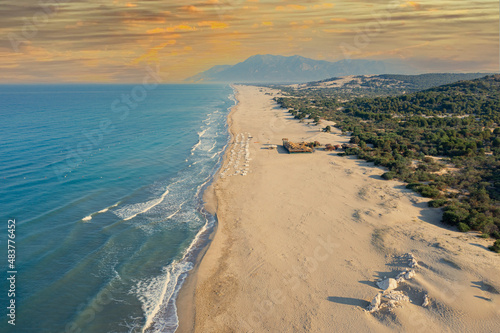 Patara (Pttra) beach. Beautiful  very thin sandy and by the turquoise color sea, great place for holiday.  Aerial view shooting.  Kalkan, Antalya TURKEY photo