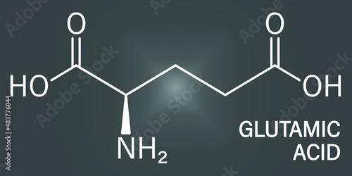 Glutamic acid or l-glutamic acid, Glu, E, amino acid and neurotransmitter molecule. Skeletal formula.