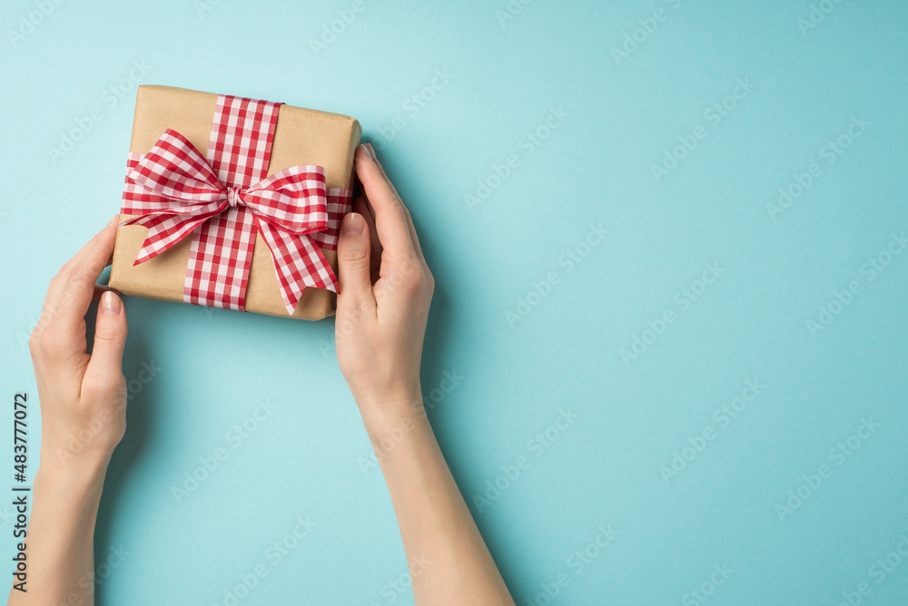 First person top view photo of valentine's day decorations young woman's hands demonstrating kraft paper giftbox with checkered ribbon bow on isolated pastel blue background with copyspace First person top view photo of valentine's day decorations young woman's hands demonstrating kraft paper giftbox with checkered ribbon bow on isolated pastel blue background with copyspace
