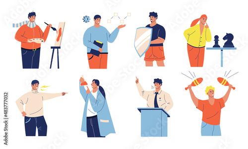MBTI types. Cartoon person with different personality thinking and behavior. Extrovert or introvert. Sensor and intuitive. Thinker or feeler. Judger and perceiver. Vector mental models set