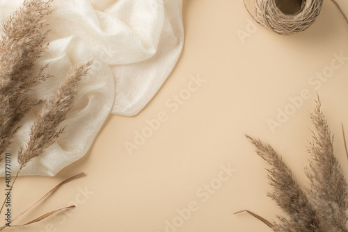 Fotografi Top view photo of white light scarf spool of twine and reed flowers on isolated