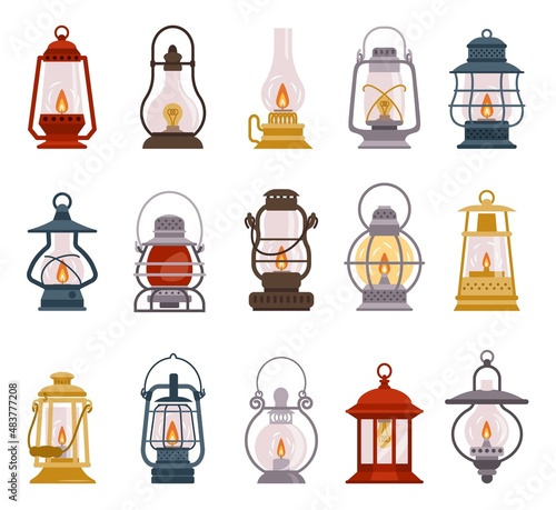 Cartoon camp lamp. Old kerosene and oil vintage lantern with burning wick and holder. Camping illumination. Travelers lighting equipment. Vector tourists retro petroleum lights set