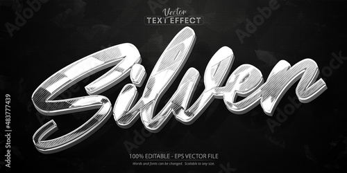 Silver text effect, editable shiny silver color, metal text style on dark grunge textured background