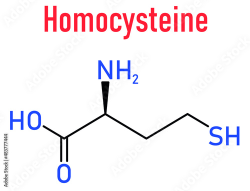 Homocysteine or Hcy biomarker molecule. Increased levels indicate elevated risk of cardiovascular disease. Skeletal formula.