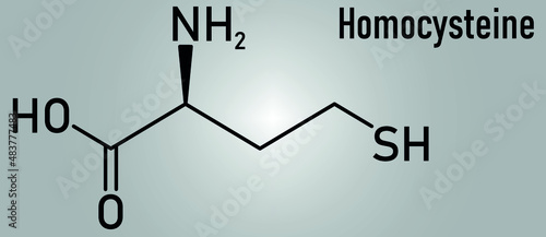 Homocysteine or Hcy biomarker molecule. Increased levels indicate elevated risk of cardiovascular disease. Skeletal formula.