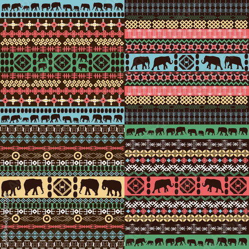 Colorful african patterns with elephants silhouettes