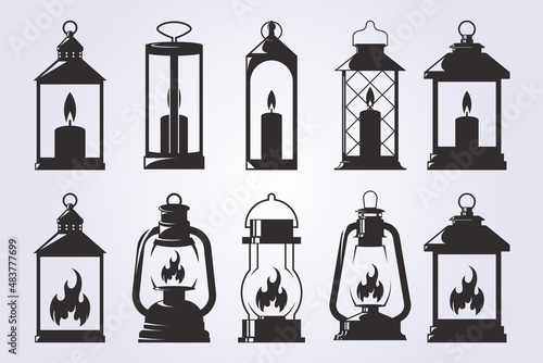 set and bundle and various silhouette lantern or hanging lamp or candle illustration icon symbol logo vector design vintage retro style