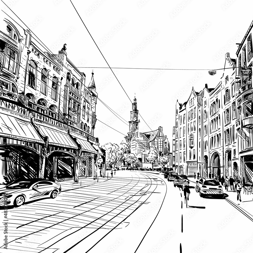 Amsterdam city sketch hand drawn, vector illustration