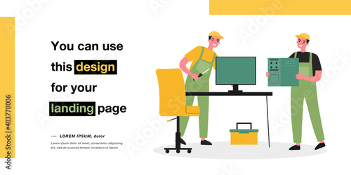 Professional technicians repairing computer in office. Men in uniform with repair tools flat vector illustration. Technology, computer service concept for banner, website design or landing web page
