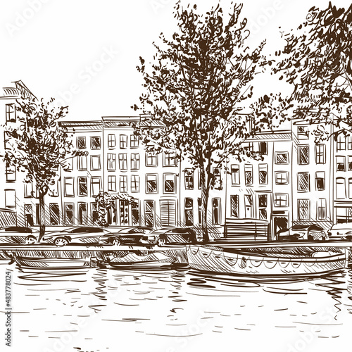 Amsterdam city sketch hand drawn, vector illustration