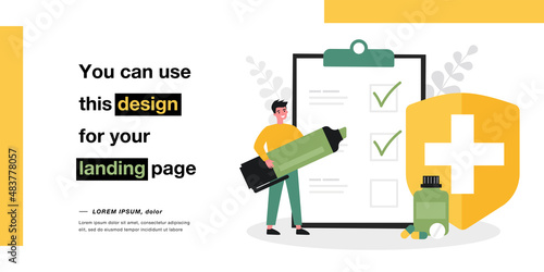 Registration of medical insurance flat vector illustration. Tiny man marking items on giant list of conditions, fulfillment of medical orders with marker. Medicine, insurance, health concept