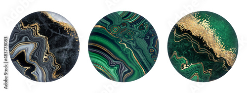 set of round stickers with artificial marble stone texture, abstract marbling decor collection, malachite green and jasper with golden veins photo