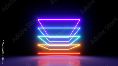 3d render. Abstract neon background with simple square geometric shapes, colorful spectrum lines glowing in the dark