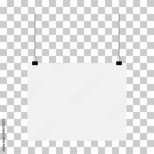 Poster mockup hanging paper, blank clip page background, template sheet vector illustration frame