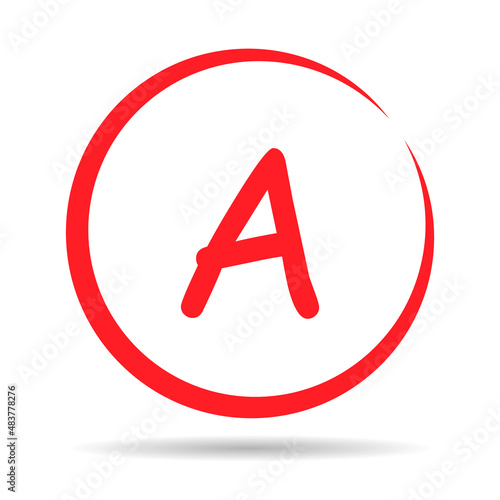 Grade result A with shadow. Hand drawn icon in red color. Test exam mark report vector illustration