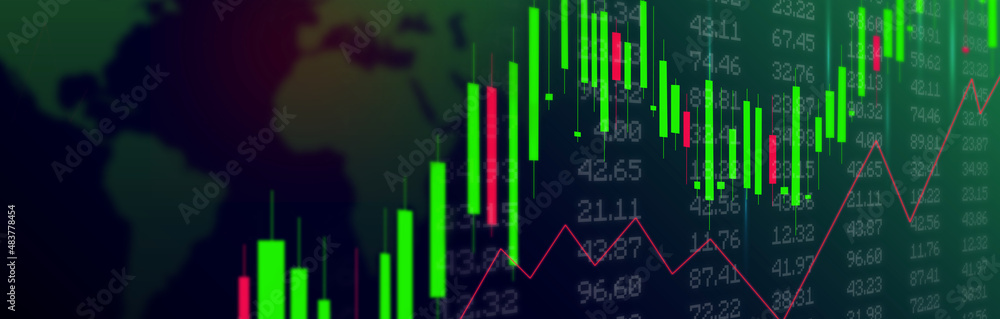 Banner of Stock market chart on world map background. Colorful Technical analysis with candle stick graph chart and numbers. Banner of Stock market chart on world map background. Colorful Technical analysis with candle stick graph chart and numbers.