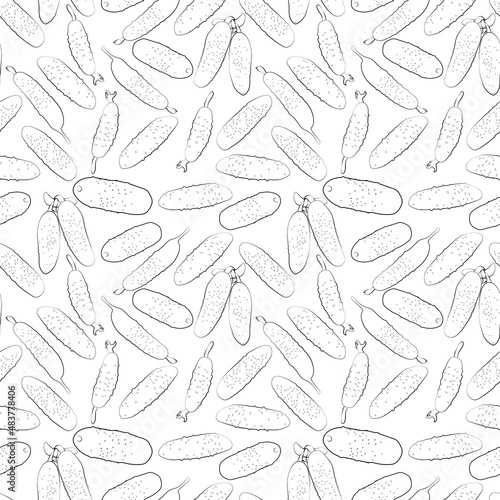 A set of seamless background. Vector line art style. Vegetable. Cucumber. Isolated on white background. Black and white version. 1000x1000 © valezar