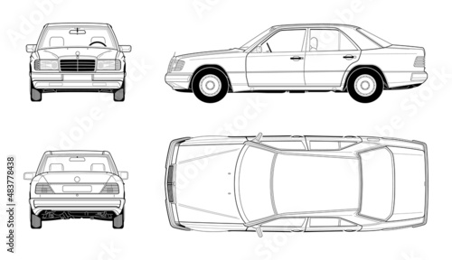 Fotografie, Obraz Mercedes w124 blueprint vector. Oldschool classic car.