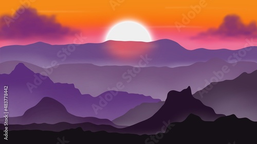 Fantastic background,landscape of the sunrise in the mountains and stars in the sky.