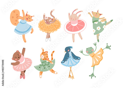 Animal cartoon characters as ballerinas vector illustrations set. Little comic bear, rabbit or bunny, squirrel in dresses or tutus dancing and bowing, Scandinavian or Nordic style. Ballet concept