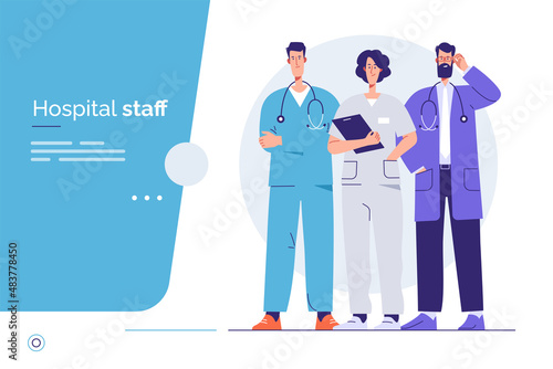 Vector outline illustration of a medical personnel, health workers, hospital physicians. Editable stroke, global swatches