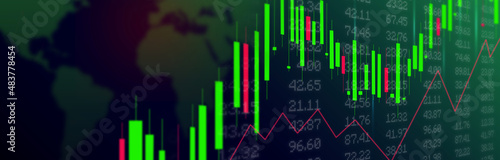 Banner of Stock market chart on world map background. Colorful Technical analysis with candle stick graph chart and numbers.