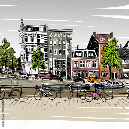 Amsterdam hand drawn, city sketch, vector illustration

