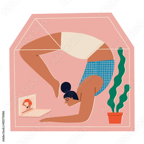 Women doing yoga at home, distance online video class illustration in vector. . Vector illustration
