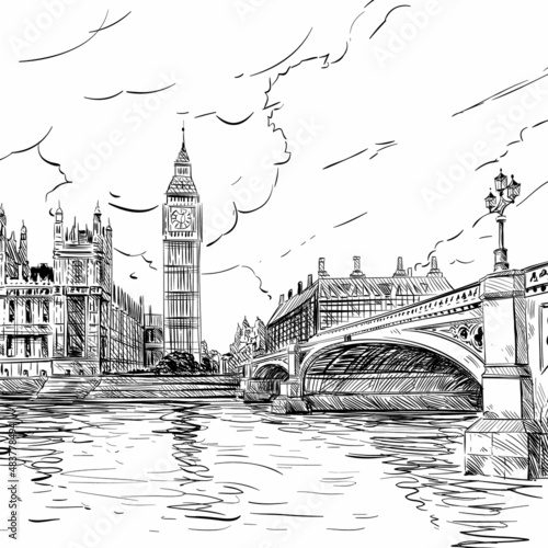 London city Big Ben hand drawn, vector illustration