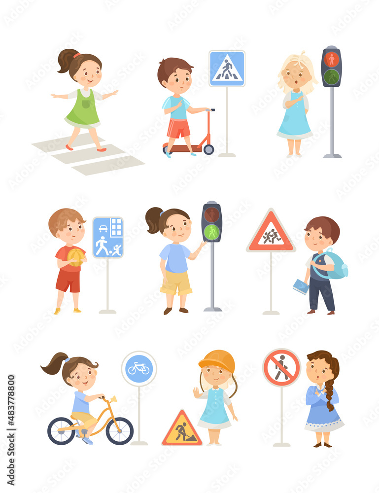 School kids learning traffic rules cartoon illustration set. Cute children crossing road on green light, walking on street crosswalk, zebra with bicycle, paying attention to stop signs. Safety concept School kids learning traffic rules cartoon illustration set. Cute children crossing road on green light, walking on street crosswalk, zebra with bicycle, paying attention to stop signs. Safety concept