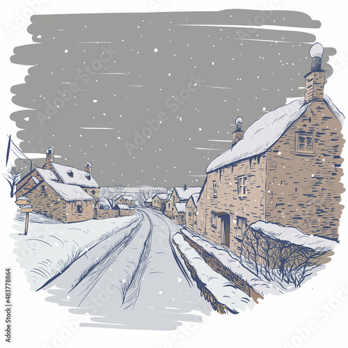 Hand drawn English style house in winter, vector illustration