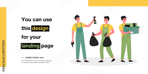 Male cartoon cleaners in uniform cleaning house or office. Men taking out trash, mopping floor flat vector illustration. Cleaning service, housework concept for banner, website design or landing page