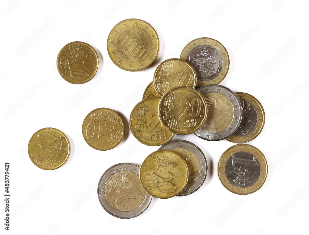 Euro and cent coins, change isolated on white, top view Euro and cent coins, change isolated on white, top view