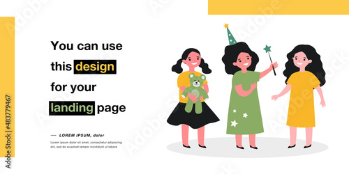 Three little girlfriends and magical fulfillment of dreams. Flat vector illustration. Sorceress girl fulfilling wishes of her friends, giving them toy gifts. Magic, wish, fairy tale, childhood concept