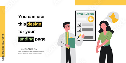Woman bitten by dog getting injection to prevent disease. Worried female character consulting doctor flat vector illustration. Vaccination, rabies concept for banner, website design or landing page