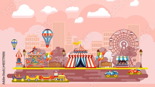City open air circus panoramic scene. Festival event for children recreation