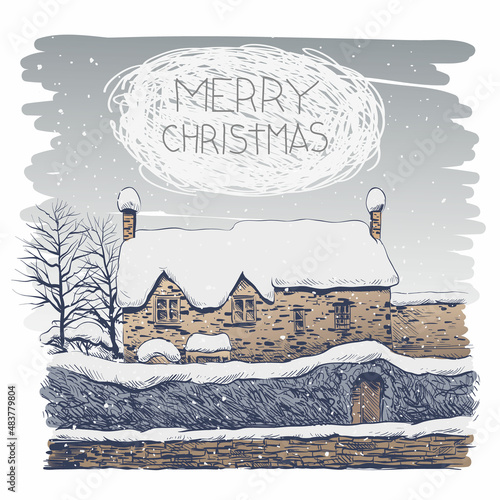 Hand drawn house Winter fairy tale, vector illustration. Merry Christmas card template. 